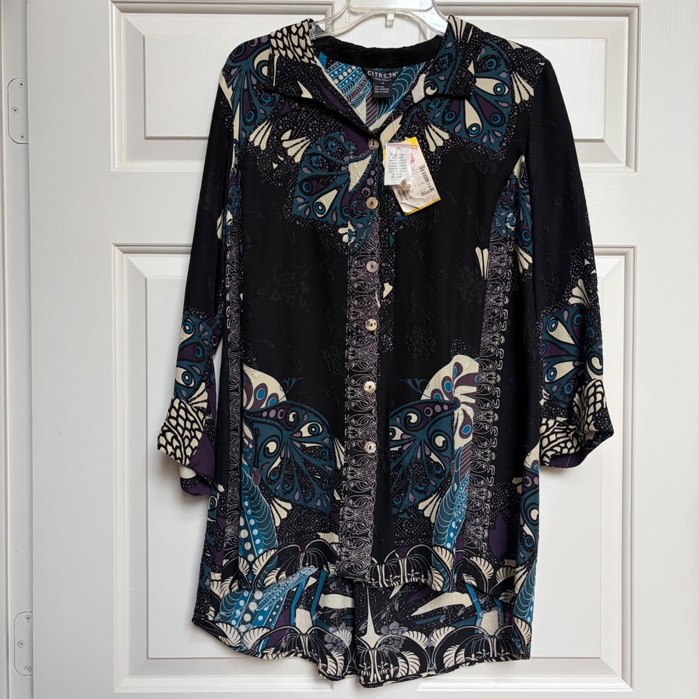 Citron Santa‎ Monica Womens Silk Paisley Jacquard Tunic Shirt Black S Boho Artsy